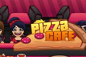 Fragmento de una imagen colorida que muestra un trozo de pizza con letras amarillas que dicen Pizza Café, acompañado de personajes animados sonrientes