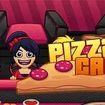 Fragmento de una imagen colorida que muestra un trozo de pizza con letras amarillas que dicen Pizza Café, acompañado de personajes animados sonrientes