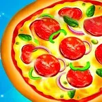 Pizza ilustrada con rodajas de pepperoni, pimientos verdes, cebolla morada y hojas verdes sobre un fondo azul