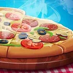 Una pizza caliente con rodajas de tomate, champiñones, aceitunas y salami sobre una tabla de madera