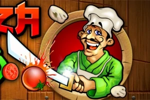 Un chef caricaturizado con sombrero blanco y traje verde corta un tomate con un cuchillo grande, rodeado de trozos de verduras
