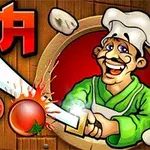Un chef caricaturizado con sombrero blanco y traje verde corta un tomate con un cuchillo grande, rodeado de trozos de verduras