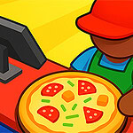 Persona dibujada con gorra roja y delantal azul sosteniendo una pizza con ingredientes, junto a una caja registradora y billetes verdes