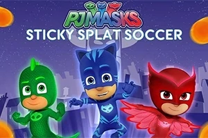 Tres personajes animados con disfraces de superhéroes en colores verde, azul y rojo, con un fondo de ciudad de noche y burbujas naranjas