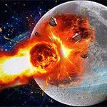 Colisión de un meteorito en la luna con explosiones y fragmentos esparcidos en el espacio