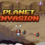 Texto Planet Invasion en estilo retro pixelado con paisajes de montañas y naves espaciales en el fondo
