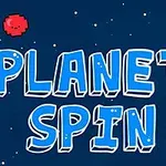 Texto Planet Spin en letras grandes con un fondo estrellado y dos planetas pixelados, uno rojo y otro verde