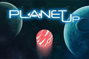 Texto PLANET UP en estilo futurista con dos planetas grandes y un cilindro rojo con patrones blancos en el centro