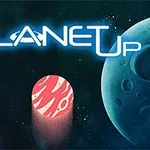 Texto PLANET UP en estilo futurista con dos planetas grandes y un cilindro rojo con patrones blancos en el centro