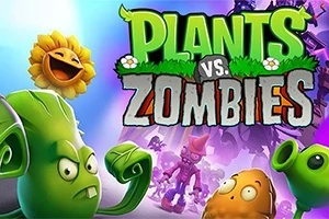 Plantas animadas y zombis se enfrentan en una escena colorida con un fondo azul y morado vibrante
