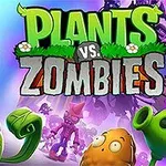 Plantas animadas y zombis se enfrentan en una escena colorida con un fondo azul y morado vibrante