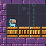 Un personaje con casco azul camina sobre cajas en un entorno de ladrillos morados