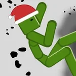 Figura verde con sombrero de Santa cayendo, rodeada de escombros oscuros