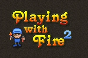Texto Playing with Fire 2 con un personaje en uniforme azul sosteniendo un encendedor y dinamita