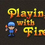Texto Playing with Fire 2 con un personaje en uniforme azul sosteniendo un encendedor y dinamita