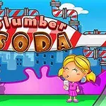 Niño y niña sonriendo sosteniendo bebidas frente a un fondo colorido con tuberías y letrero grande