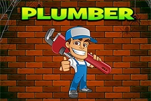 Personaje caricaturesco de fontanero con llave inglesa frente a un muro de ladrillos, con el texto PLUMBER en la parte superior