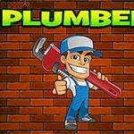 Personaje caricaturesco de fontanero con llave inglesa frente a un muro de ladrillos, con el texto PLUMBER en la parte superior
