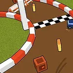Pista de carreras con un coche azul y obstáculos en un circuito con línea de meta a cuadros