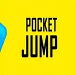 Cuadro azul sonriente con ojos negros junto al texto Pocket Jump en un fondo amarillo