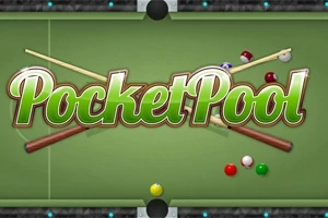 Mesa de billar con bolas de colores, dos tacos cruzados y la palabra Pocket Pool en el centro