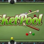 Mesa de billar con bolas de colores, dos tacos cruzados y la palabra Pocket Pool en el centro