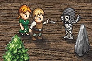 Personajes pixelados en un duelo con un esqueleto en un entorno rústico con un árbol y una roca