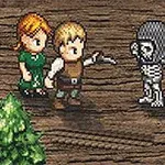 Personajes pixelados en un duelo con un esqueleto en un entorno rústico con un árbol y una roca
