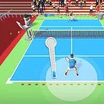 Vista aérea de una cancha de tenis estilizada con personajes animados y una multitud en las gradas