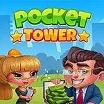 Una mujer y un hombre sonrientes frente a un edificio colorido con el título Pocket Tower en letras grandes y coloridas