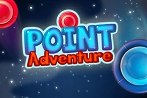 Texto Point Adventure en letras azules y naranjas sobre un fondo estrellado con círculos rojos y azules