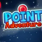 Texto Point Adventure en letras azules y naranjas sobre un fondo estrellado con círculos rojos y azules