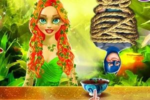 Mujer con cabello rojo y vestido verde cubierta de hojas junto a una persona boca abajo atada con cuerdas en un entorno tropical