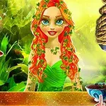 Mujer con cabello rojo y vestido verde cubierta de hojas junto a una persona boca abajo atada con cuerdas en un entorno tropical