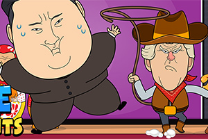 Caricatura de dos figuras con rasgos exagerados, una vestida de vaquero con un lazo y la otra en traje oscuro sudando, en un fondo colorido