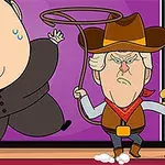 Caricatura de dos figuras con rasgos exagerados, una vestida de vaquero con un lazo y la otra en traje oscuro sudando, en un fondo colorido