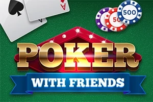 Cartas de póker, fichas de casino de diferentes colores y el texto POKER WITH FRIENDS sobre un fondo verde
