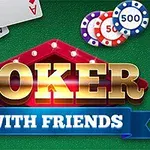 Cartas de póker, fichas de casino de diferentes colores y el texto POKER WITH FRIENDS sobre un fondo verde