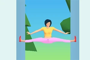 Persona haciendo un split sentada entre dos paredes azules con un fondo de árboles y cielo azul