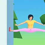 Persona haciendo un split sentada entre dos paredes azules con un fondo de árboles y cielo azul