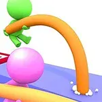 Dos figuras simples, una verde y otra rosa, interactúan con barras naranjas curvas sobre una superficie azul con cuadrados rojos al fondo