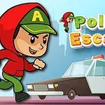Niño con sudadera roja y gorra verde corriendo, con un coche de policía de fondo y letras que dicen Police Escape