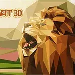 León geométrico en estilo poliédrico junto a colinas y el texto Poly Art 3D en la esquina superior izquierda