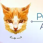 Un gato de arte geométrico con la inscripción POLY ART al lado, sobre un fondo suave y degradado