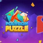 Título colorido Polygon Puzzle con formas geométricas brillantes y un cursor de mano señalando una pieza roja en un fondo púrpura