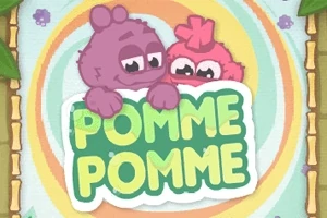 Dos criaturas coloridas con pelo morado y rosa asoman sobre un letrero que dice POMME POMME en un fondo circular y colorido