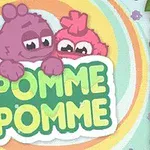 Dos criaturas coloridas con pelo morado y rosa asoman sobre un letrero que dice POMME POMME en un fondo circular y colorido