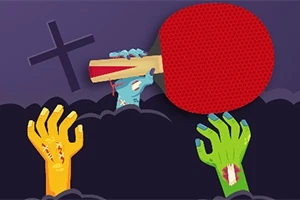 Manos de zombies surgen de la tierra oscura, una sosteniendo una paleta de ping pong roja