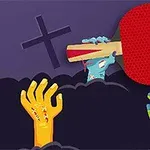 Manos de zombies surgen de la tierra oscura, una sosteniendo una paleta de ping pong roja