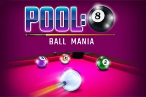 Mesa de billar con bolas de colores y texto grande que dice POOL: BALL MANIA sobre un fondo morado